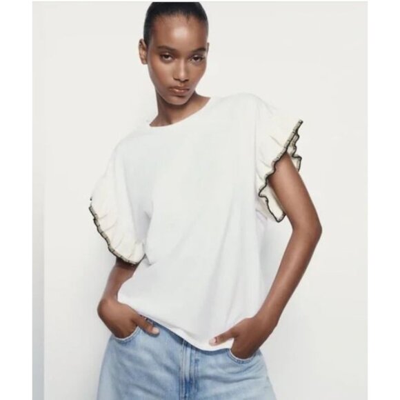 Zara Tops - ZARA T-Shirt White Top Gold Black Trimmed Knit Cap Ruffle Sleeve Crew Neck Med